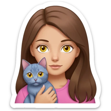 White girl with long brown hair and brown eyes wearing a pink shirt holding russian blue cat with yellow eyes  sticker