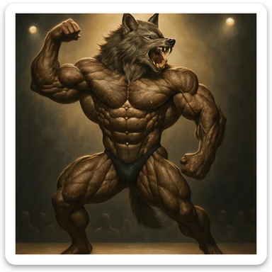 werewolf body builder, posing on stage, competition, spotlight, powerful stance sticker