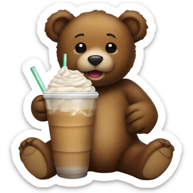 a brown teddy bear drinking an iced coffee sticker