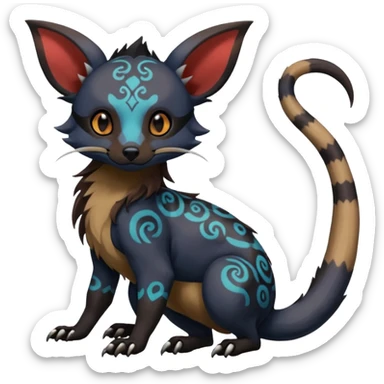 Rare warm-colored gloomy spooky exotic cute epic aesthetic gothic colorful Salandit-Eevee-Civet-species-Fakemon-hybrid-creature, with intricate tattoo markings, full body sticker