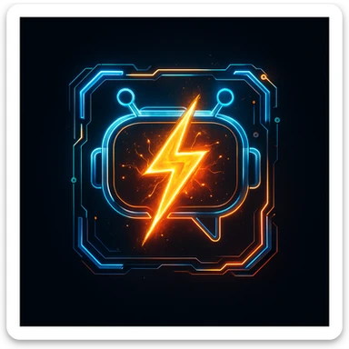 Bold futuristic AI chat icon, lightning and spark fused with glowing core, metallic neon tech lines, symbolizing instant action and intelligence, premium style, dark background, 1:1 aspect ratio, no text sticker