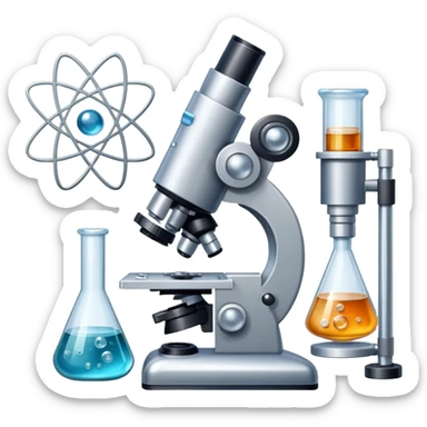 An icon featuring a microscope, a metal sample, and atomic structure symbols, symbolizing materials science. The design includes crystal lattices, polymers, and lab tools, representing the study of material properties and engineering. Transparent background highlights scientific analysis and innovation. sticker