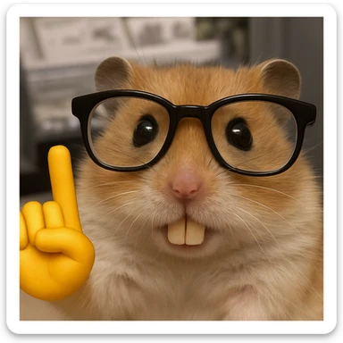 Create a hamster version of this image: nerdy hamster with big glasses, buck teeth, and a raised yellow emoji hand, in the same style and pose. sticker