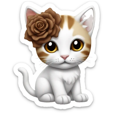 Kitten with brown gears all white with a rose and a bow, in the ear sticker