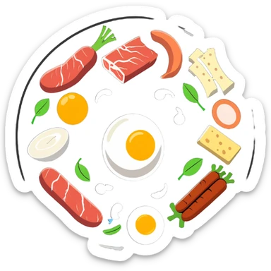 Close-up of glowing muscle fibers only, semi-transparent and pulsating with energy. Protein food icons (meat, egg, beans, tofu, yogurt) orbit around the muscle fibers in a warm energetic circle. sticker