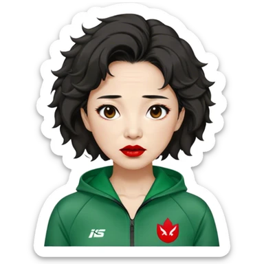 Han Mi-nyeo : Age: Late 60s
Appearance: A middle-aged woman with wrinkles, frizzy, messy brown black hair and dramatic red lipstick.
Outfit: Green player tracksuit sticker