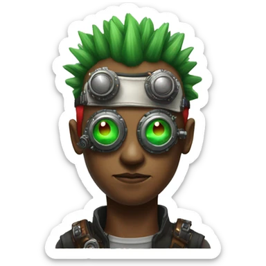 Male cyborg with thin red Mohawk and green steampunk goggles sticker