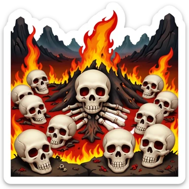 A burning hell landscape in the style of rott8ng corpses in the style of your bloody skull art. More detailed, extreme detail sticker