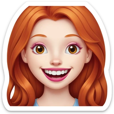 Young girl with pale skin, longer face, full pink lips smiling with big teeth, very long ginger red hair (no blonde at all), big brown eyes, bigger nose, big mouth sticker