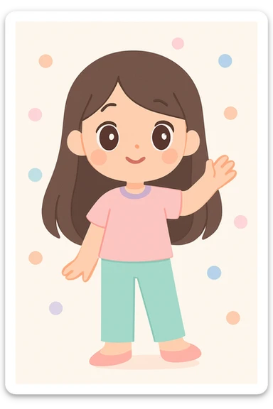 cute brunette girl with long hair, charming and friendly pose, white background sticker