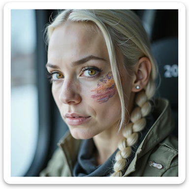 close up of a "20 crisp" banknote. futuristic, cyberpunk. stellar and planetary style designs adorn the bill. the face pictures is a woman in her 20's, gold yellow eyes, white hair in a single long braid, side of head shaved. she wears a military flight bdu sticker