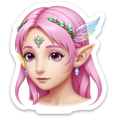 portrait of pink Elvish fae shiny sparkly iridescent translucent diaphanous ear climber ear cuff sticker