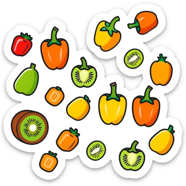 Various vitamin C rich foods: orange, kiwi, strawberry, bell pepper sticker