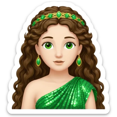 Juno, Goddess of Marriage from Roman Deities with long brunette wavy hair, green sequin toga sticker