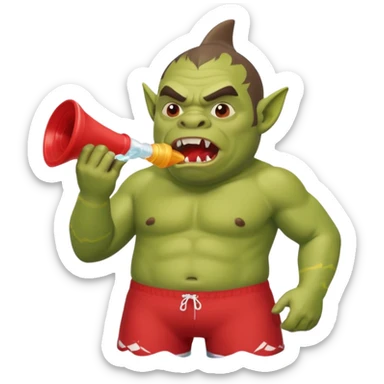 orc male in shark floatie, blowing whistle. Red swim trunks sticker