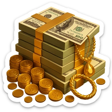 Make the stack of money look richer, add gold coins, jewelry, and a luxurious feel. The original style is 3D emoji style, but 3D emoji style does not support editing, so please keep the luxurious feel consistent with 3D emoji style. sticker