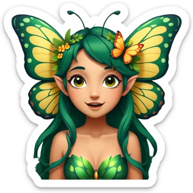 Cinematic Realistic Forest Fairy Portrait, head tilted dramatically with an exaggeratedly amused expression, featuring a striking, nature-infused form with glowing, sun-kissed tanned skin and vividly detailed dark green hair adorned with floral accents. Her expressive eyes brim with playful forest mischief, rendered with vibrant, lifelike textures and dynamic dappled lighting that conveys a spirited, over‐the‐top woodland whimsy showing her large butterfly wings from her back. sticker