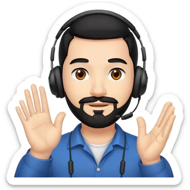 Man with black hair, brown eyes, and black beard wearing gaming headset and applauding sticker