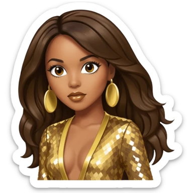 LeToya Luckett from Destiny's Child with dark brown long hair, gold outfit sticker