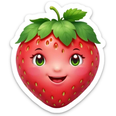 Cinematic plump happy strawberry, glossy bright red, tiny round eyes and blushing cheeks, green leafy top slightly tilted, cheerful and charming. sticker