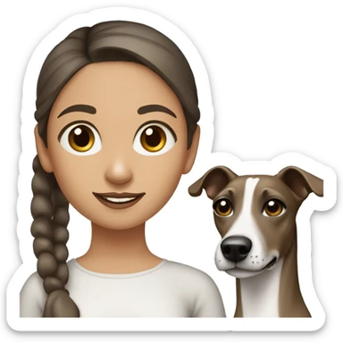 a girl with dark hair and a bun with a greyhound (whippet) dog breed next to her sticker