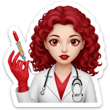 Lilith scalpel in hand, evil surgeon sexy surgeon clothes.  She has red eyes. She has dark brown long curly hair. Wears sexy doctor outfit with red gloves. Covers mouth neck and nose with red litham for Muslim woman sticker
