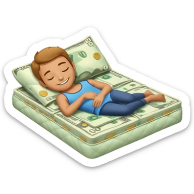 happy person napping on mattress of money sticker
