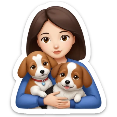 a beautiful woman with medium length dark brown hair and brown eyes, a bit chubby, hugs a beagle and japanese spitz dog  sticker