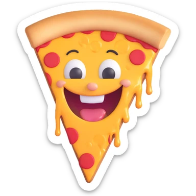 a cartoon pizza slice with a wide grin, cheese dripping sticker