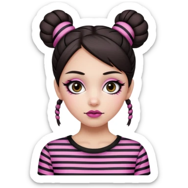 generate a pretty fair bratz girl with dark brown eyes. Dark brown hair straight hair with pink highlights tied into buns.  eyeliner. black lipstick. Wearing a white and black striped top sticker