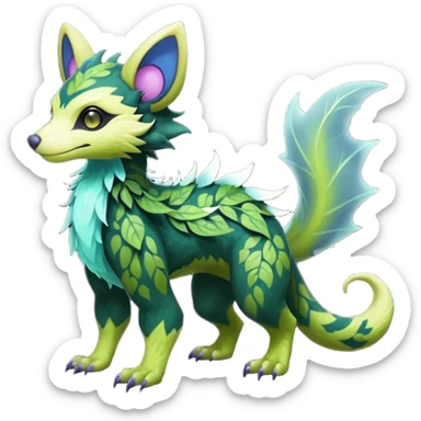 Realistic Sharp swampy mossy elemental ivy floral detailed Colorful translucent luminescent glowing Trico-Noibat-batty-Sergal-Furret-Ferret-Wolverine-Vernid-furry-fursona-fusion-Fakemon-animal-hybrid-creature, full body sticker