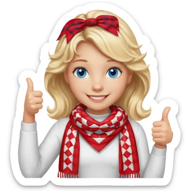 Blonde Girl, Blue Eyes, wavy hair, smiling, thumbs up, wearing red Checkered Triangle scarf, white dress sticker