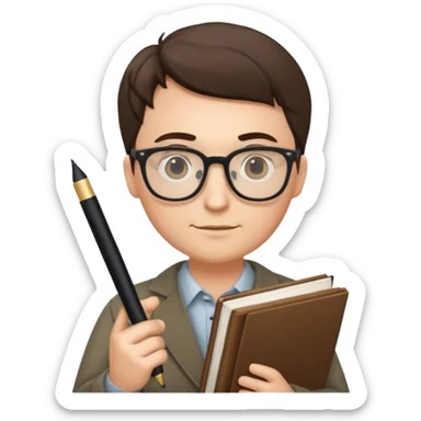 writer holding big pen in hand and book in other hand, wearing glasses sticker