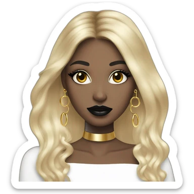 girl with large gold hoop earrings wearing a black dress, with long hair, with black lips abd makeup, pierced face and ears sticker
