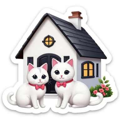 two happy cats in love, white and black cats, with a house behind them that has a bow on the roof, emoji style sticker