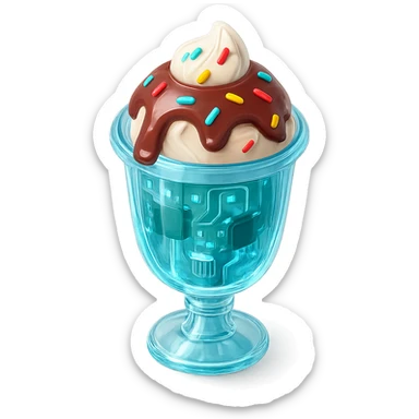 3D glossy ice cream sundae in tall glass with chocolate sauce drizzle, rainbow sprinkles, shiny highlights sticker
