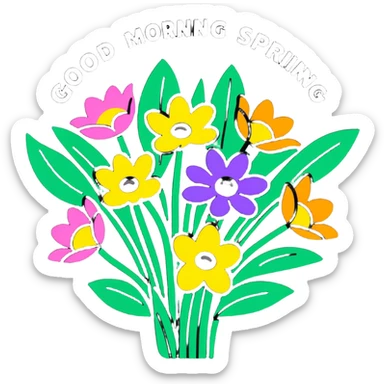 Spring flowers in beautiful garden with morning sun with inscription Good morning  sticker
