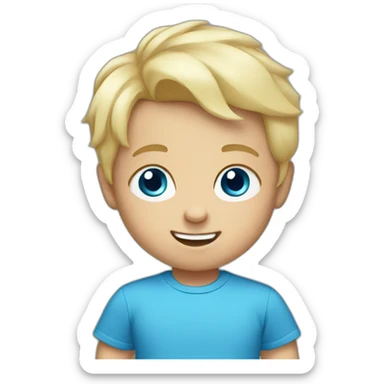 A baby boy with blonde hair, blue eyes and a blue t-shirt and with teeth sticker