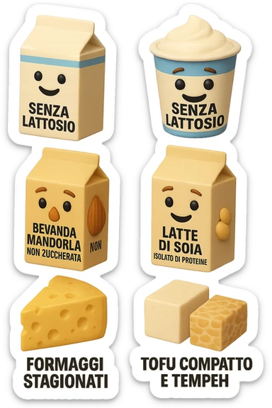 emoji stile iphone 3d di questi elementi che fluttuano in aria:

Latte e yogurt delattosati
Latte di mandorla (non zuccherato)
Latte di soia da proteine isolate
Formaggi stagionati (es. parmigiano)
Tofu compatto e tempeh
 che fluttuano in aria,  le etichette scrivile in italiano, iperealistico 4k sticker
