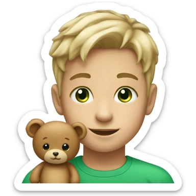 Little boy with light hair and green eyes with teddy bear sticker