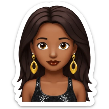 Chilli from TLC with long dark brown hair, black sequin crop top, black earring sticker