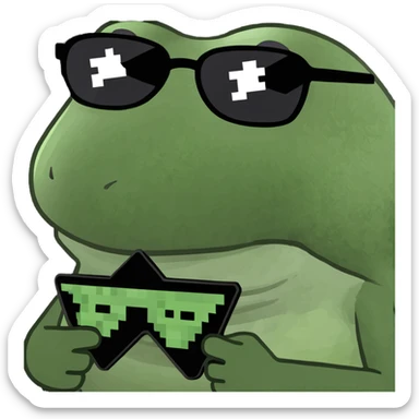 bufo with triangle shaped 8 bit sunglasses full black, confident smile, with a mini black star in his hand sticker