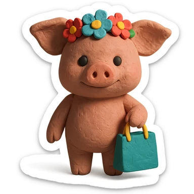 piglet with flower crown and gift bag, claymation style sticker