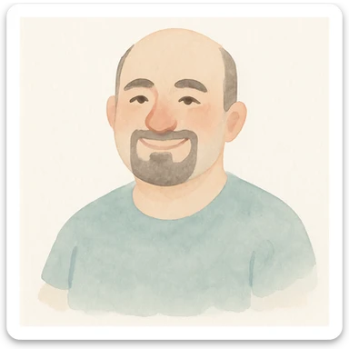 chubby Lebanese man with a goatee and short hair, smiling, watercolor art style sticker