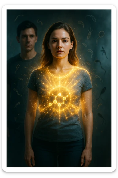 A hyper-realistic, cinematic image showing a young woman with a glowing, radiant aura symbolizing a very strong immune system. She stands confidently, surrounded by a dynamic shield of light particles and molecular energy swirling around her body, especially focused around her abdomen and chest. Against this luminous barrier, faint translucent representations of parasites—small worm-like and protozoan shapes—attempt to approach her but are visibly repelled or disintegrating upon contact with the shield. Nearby, a young man representing her boyfriend is shown with subtle, shadowy parasite silhouettes near him, some reaching toward her but unable to penetrate her immune defenses. The background is softly blurred to keep the focus on the energetic battle at the forefront, with cool blues and warm golds contrasting to symbolize health, vitality, and defense. The lighting is dramatic yet hopeful, with a cinematic 35mm film style emphasizing sharp detail on her determined face and the swirling protective energy. The overall tone conveys resilience, protection, and the unseen battle inside the body. sticker