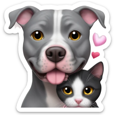 Grey pitbull and black cat cuddling surrounded by pink hearts  sticker