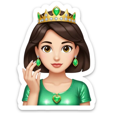 Pretty woman with dark brown hair wearing lots of sparkly jewelry and wearing an “I love Luigi” shirt  sticker
