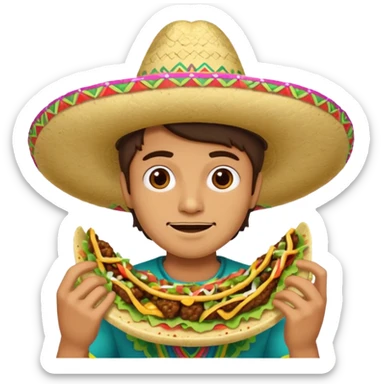 Mexican eating tacos with a sombrero sticker