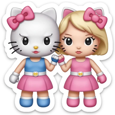 Hello Kitty and a twin in a cartoon fight sticker