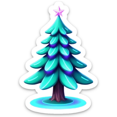Futuristic glowing Christmas tree emoji with neon decorations, purple and cyan holographic glow, dark background, festive sparkles, no face. sticker